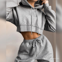 Lady Autumn Winter Hoodies Casual 2 Pieces Cotton Spandex Sweatpant Sweatsuit for Women